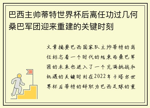 巴西主帅蒂特世界杯后离任功过几何桑巴军团迎来重建的关键时刻